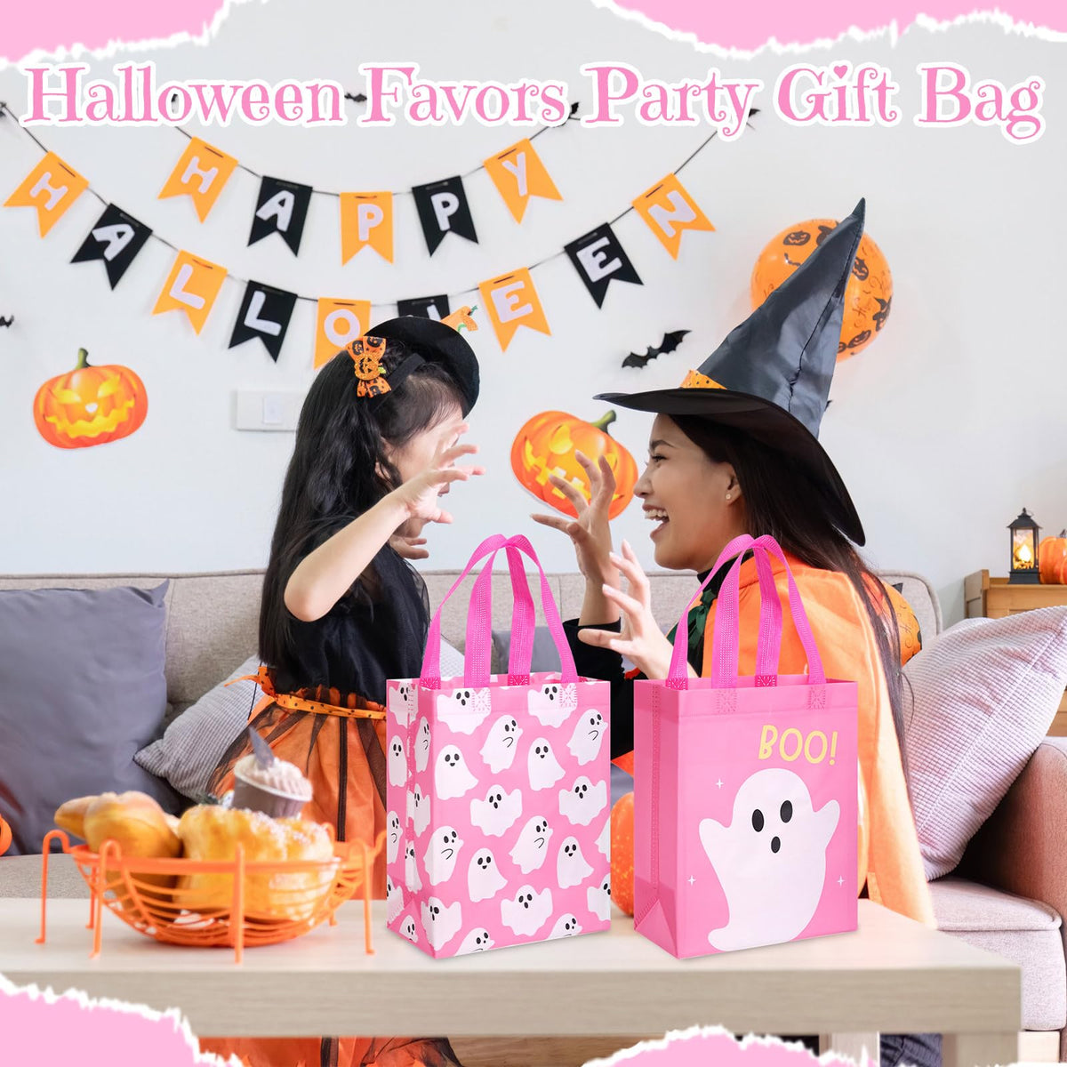 Wovnet 30 Pcs Halloween Party Favor Gift Bags Ghost Boo Pink Reusable Non Woven Goodie Treat Bags with Handle Horror Theme for Halloween Party Supplies 10 x 8 x 4in