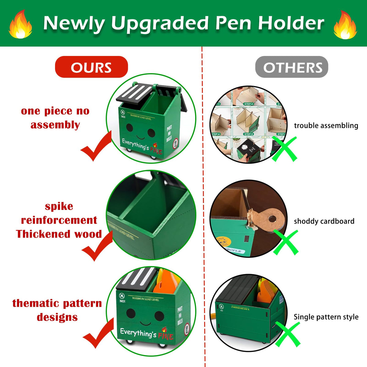PUNICA Dumpster Fire Pencil Holder with 100 Pcs Flame Note Cards, Funny Office Desk Accessories Decor, Great Gifts for Coworkers Teacher - Green (Already Assembled)