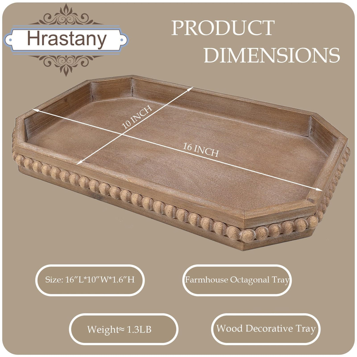Hrastany Wood Rustic Serving Tray with Beads, Farmhouse Brown Decorative Tray for Table Centerpiece, Christmas Wedding Halloween Home Decor