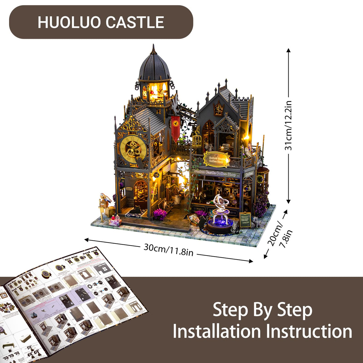 DIY Miniature House Kit, Book Nook Kit, Dollhouse for Adults to Build with LED Lights, Magic Castle, Prefab Haunted Model House, Birthday/Christmas (Huoluo Castle)
