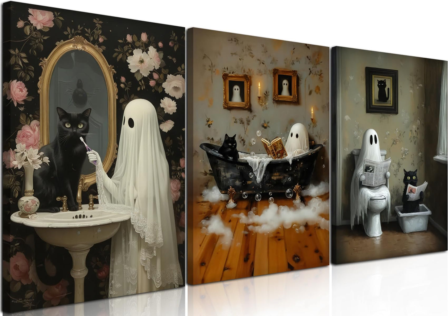 Halloween Ghost Bathroom Canvas Wall Art Set of 3, Funny Horror Ghost and Cute Black Cat in Bathtub Pictures Wall Decor, Gothic Dark Academia Paintings Prints for Toilet Dorm 16x24 inch Framed