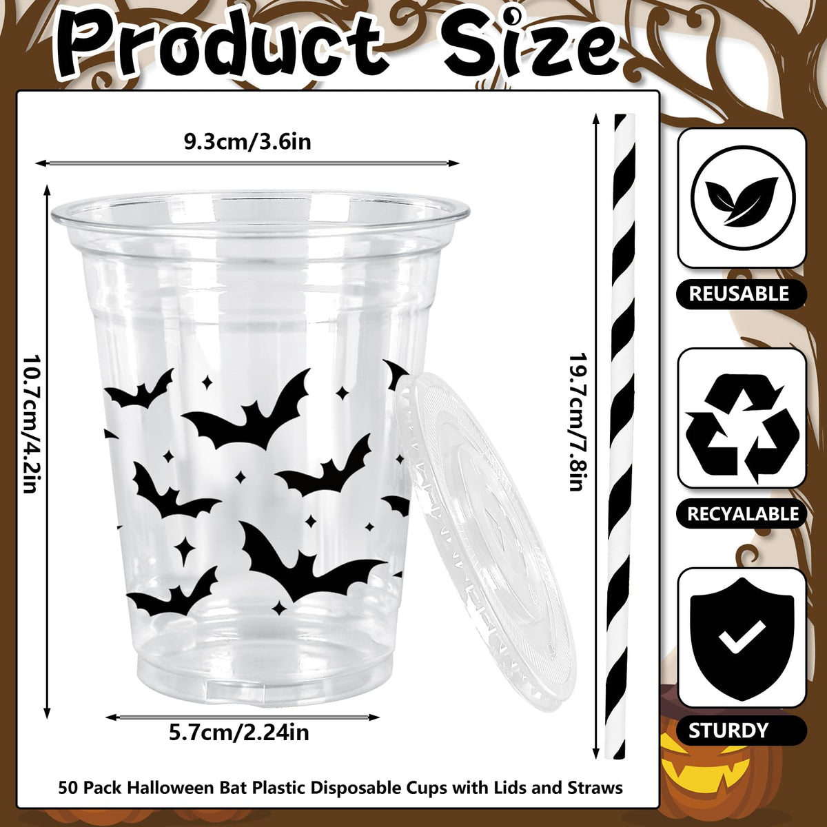 Whaline 50Pcs 12Oz Halloween Plastic Cups with Lids & Straws Black Bat Disposable Clear Drinking Cups for Home Party Supplies