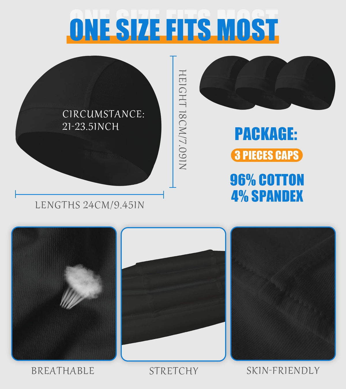 Hovyjumz 3 Pieces Cotton Skull Caps for Men Women Beanie Chemo Headwear Riding Helmet Liner Running Sleeping Hats