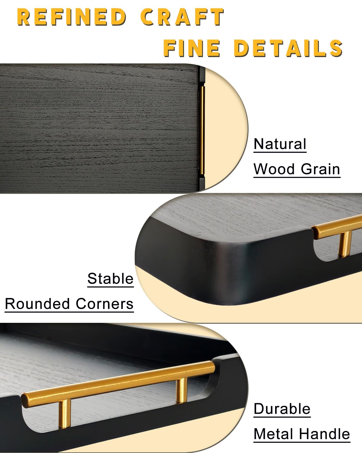 OurMiao 22" x 15.75" Black Wooden Serving Tray with Gold Metal Handles & Rounded Corners, Large Rectangular Wood Ottoman Tray for Living Room, Coffee Station