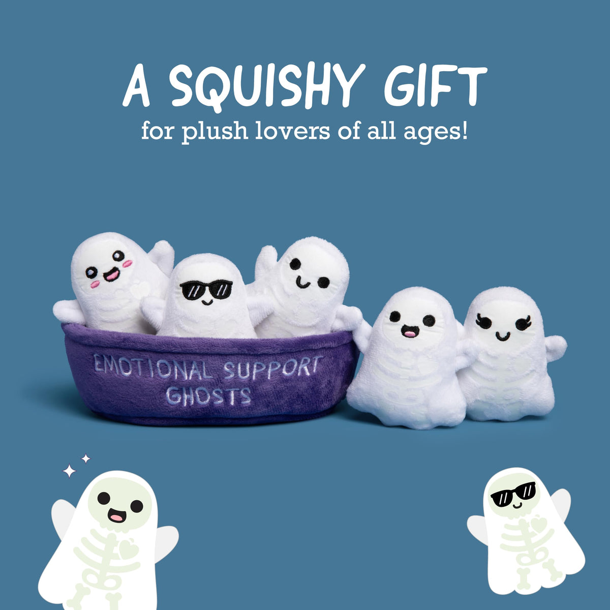 Emotional Support Ghosts by Relatable, Cuddly Plush Collectibles and Cute Stuffed Animals, Spooky Halloween Ghost Plushies and Fun Trick or Treat Toys, Includes 5 Plushies with Carrying Basket