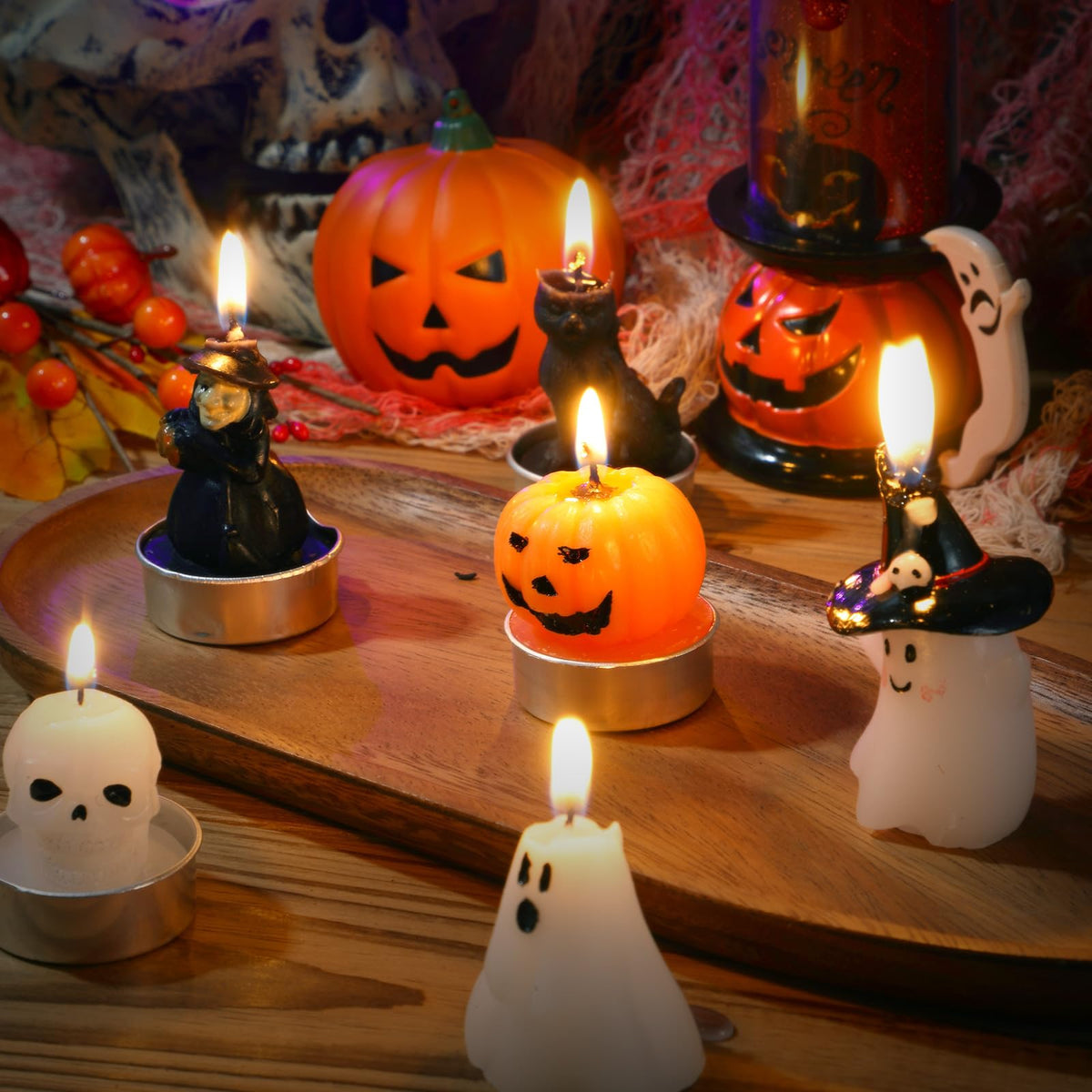 Rossesay 12 PCS Halloween Decoration Ghost Candles Pumpkin Skeleton Cat Witch Cute Mini Candles White Soy Wax Horror Tea Lights Spooky Set for Autumn Halloween Party Home Decorations