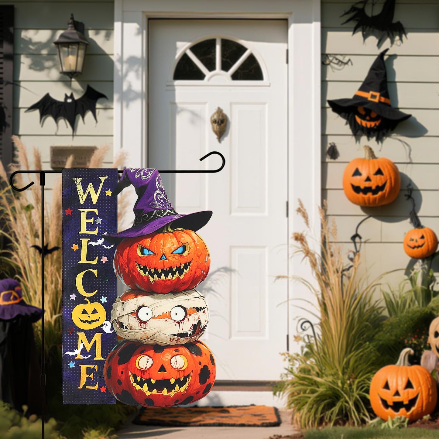 Halloween Pumpkin Monster Garden Flags 12x18 Inch Double Sided, Welcome Funny Small Yard Flags for Outside, Farmhouse Front Porch Outdoor Fall Decor Holiday All Seasons Decoration