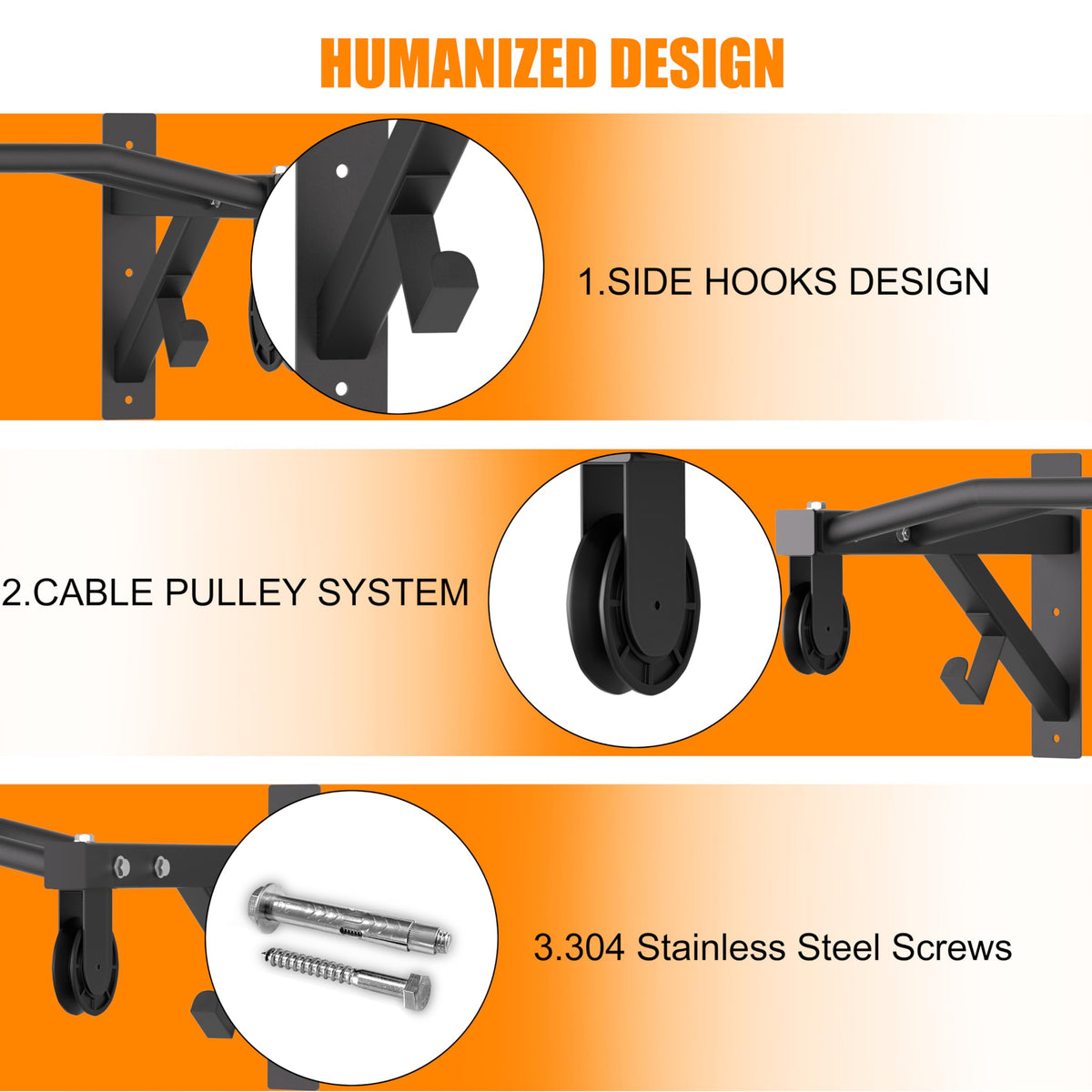 HWOOUSA Wall Mounted Pull Up Bar With Pulley System, 600lbs Heavy Duty Chin Up Bar, 48" Multi Grip Pullup Bar, for Garage Indoor Basement Workout Strength Training Equipment, Ease Of Use Mounting