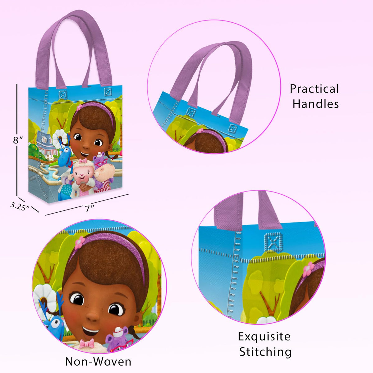 Doc McStuffins Party Favor Bags Set – 12 Pack 8" Disney Goodie Bags for Kids Bulk Reusable Mini Totes | Disney Doc McStuffins Birthday Party Supplies