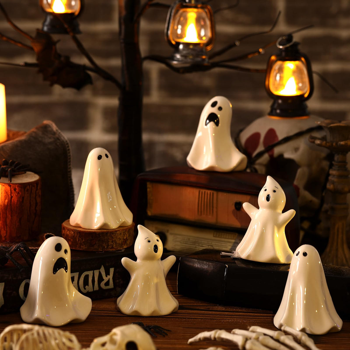 Domensi 6 Pcs Ghost Decor Ceramic White Figurines Ghost Statue Spooky Halloween Decor Scary Statue Decoration Cute Sculpture for Gift Props Home Tabletop Decorations(Classic)