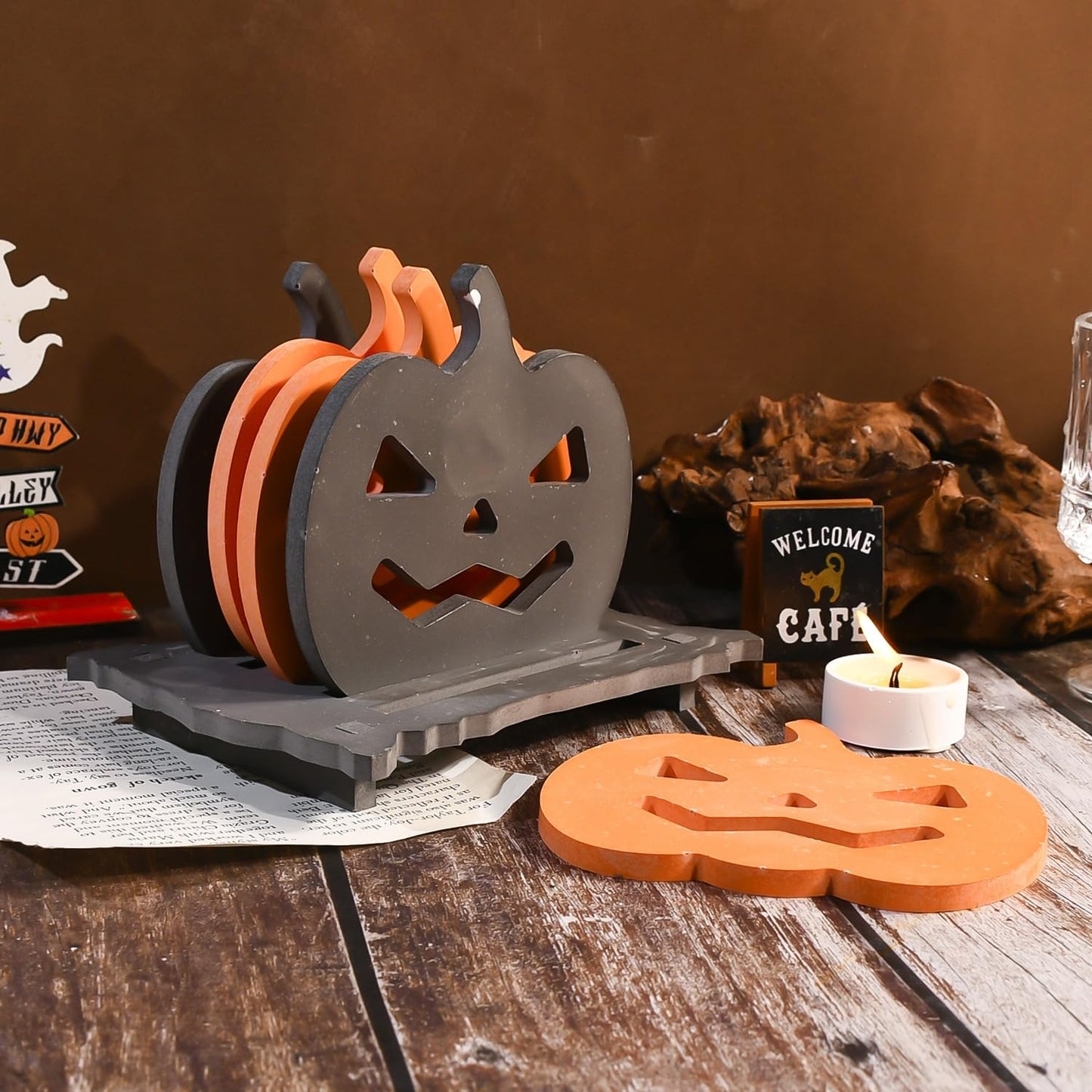 6 Pcs Pumpkin Epoxy Coaster Resin Molds Silicone with Holder, Halloween Pumpkin Coaster Molds Holder Set for Epoxy Resin, DIY Art Craft Cup Mats