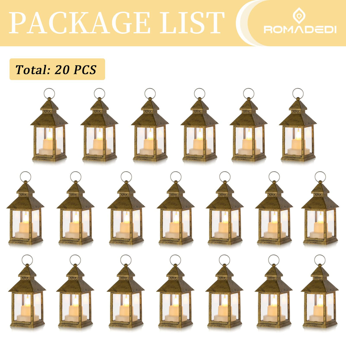 Romadedi Mini Lanterns Decorative for Wedding Centerpiece - 20 PCS Hanging Small Gold Lantern Bulk with Flickering LED Candles for Halloween Decorations Christmas Table Decor, Batteries Included