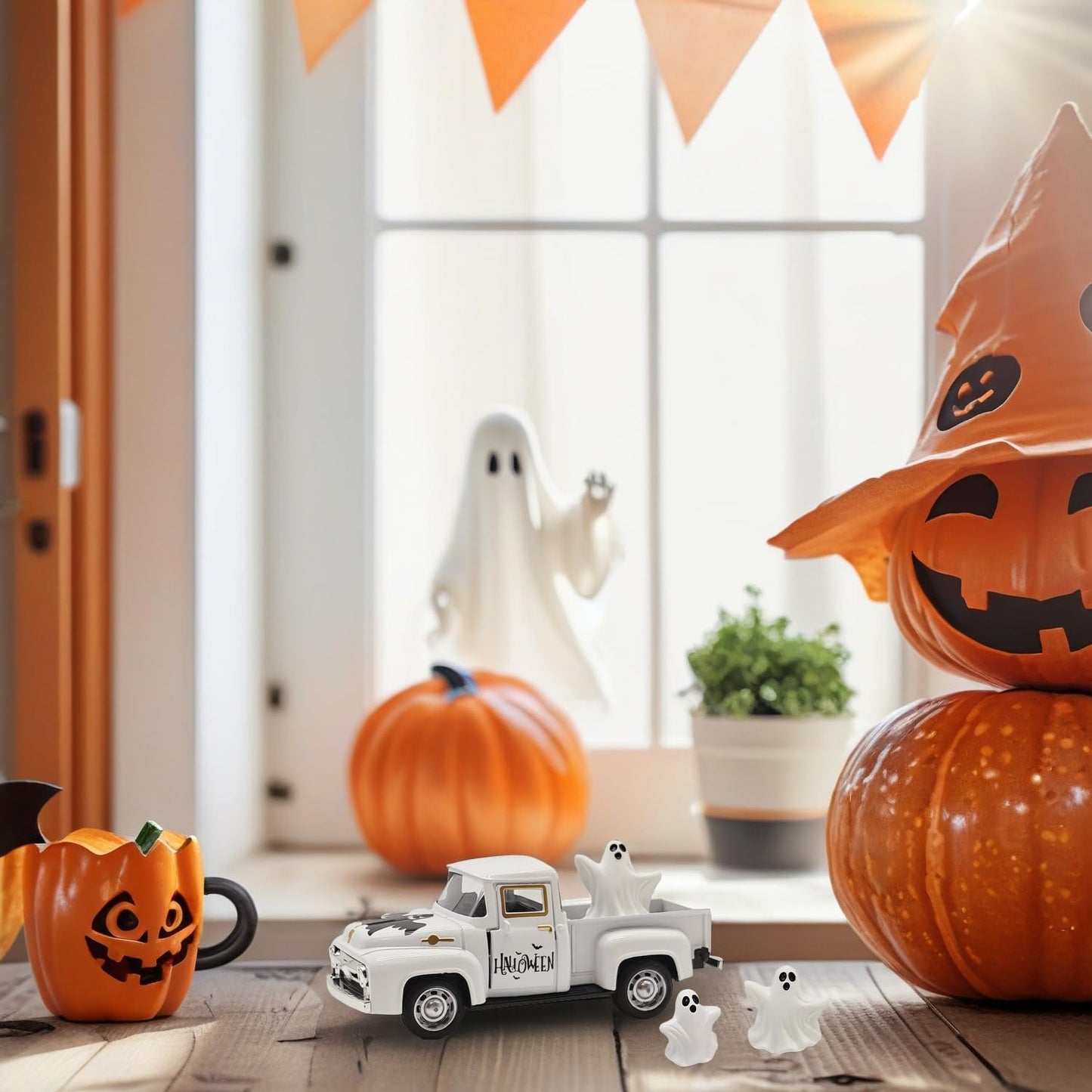 YimiBloss Halloween Decorations - Mini Cute Farmhouse Style Halloween Metal Truck Decor with 3 Removable Mini Ghost Ornaments for Tabletop, Tiered Tray, Shelf, Fireplace and Home Indoor Décor