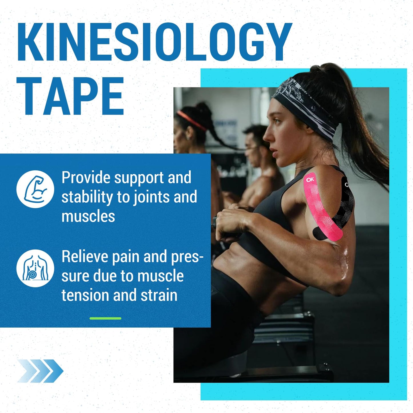 OK TAPE Synthetic Kinesiology Tape Precut Strips, Waterproof Elastic Athletic Tape for Pain Relief & Muscle Support, Reflective Design, 2in×16.4ft Roll, 20 PCS -Cyan