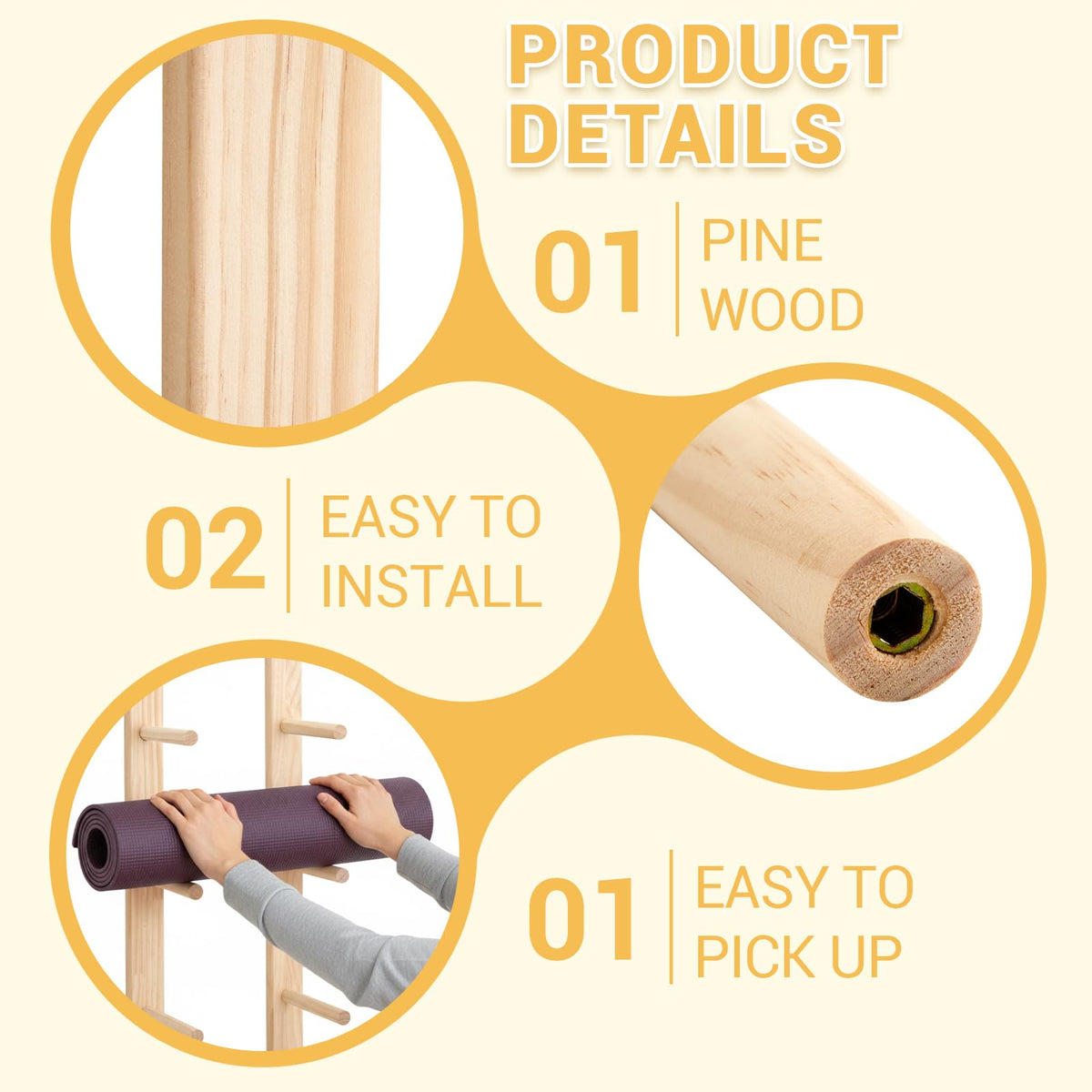 Cinnvoice 1 Pair Yoga Mat Holder Wall Mount Wooden Yoga Mat Storage Racks for Foam Roller & Fitness Accessories 4 Layer 28.7" X7" X2", Accommodating 4 Mats Save Space & Home Gym Organize
