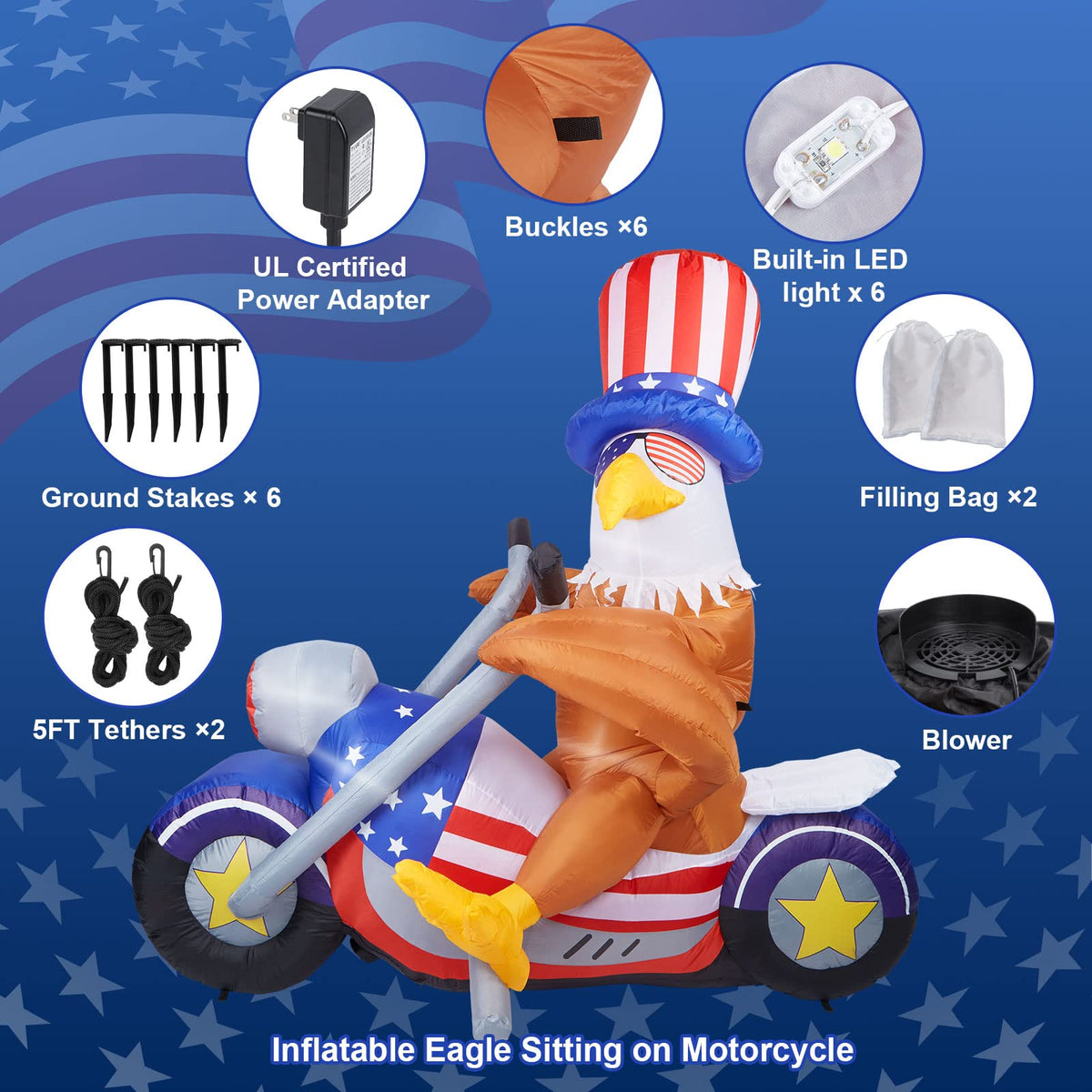 Eagle Inflatable, Camuland 6 FT Fourth of July Inflatable Outdoor Decorations Patriotic Independence Day Inflatable Eagle, Outdoor Inflatables with LED Lights for Yard Garden Lawn Memorial Day Decor