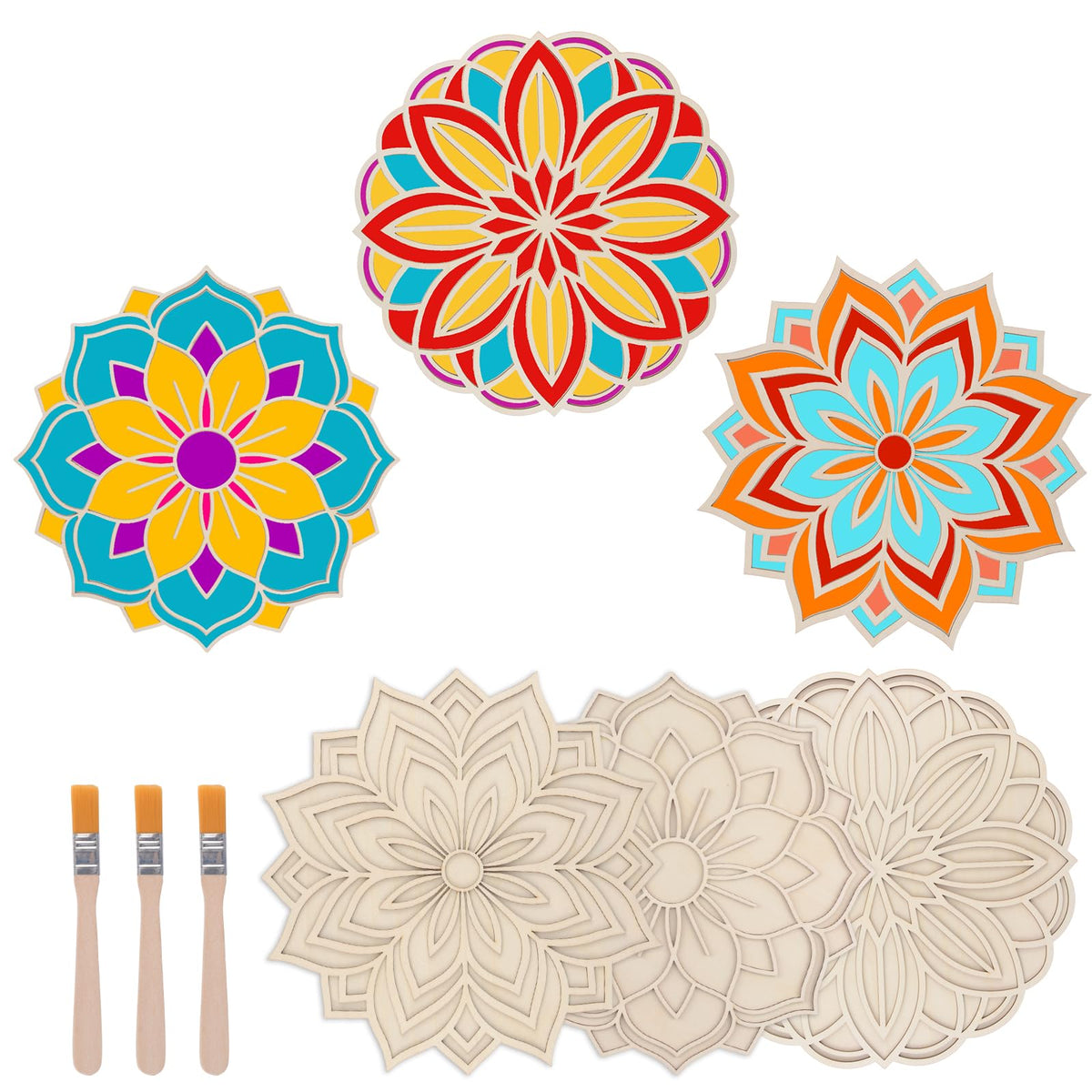 HICOHAND Wooden Mandala Sand Art Set, 3PCS Floral Indian Rangoli Stencils Wooden Mandala DIY Crafts for Indian Traditional Festival Home Decorations