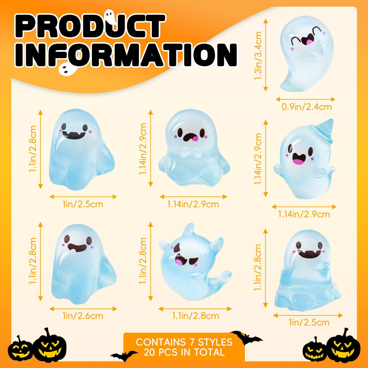 SHIFANQI 20Pcs Halloween Mini Ghost Figurines, Luminous Small Resin Ghosts Figures Ornaments, Miniature Statue for Halloween Garden Decor Party Favors Outdoor Landscape Lawn Decorations