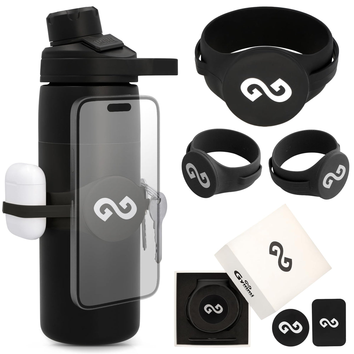 Gymmi Magnetic Water Bottle Phone Holder – One-Piece Silicone Strap for Gym | Holds Phone, Keys & Earbuds | Fits 12–40 oz Bottles (Night Black)
