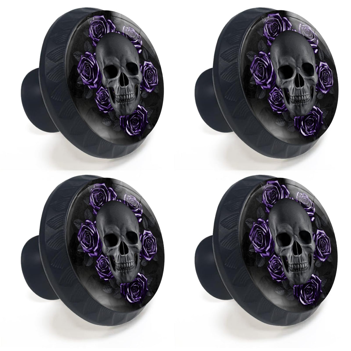 Artinhand 4 Pack Gothic Black Skull Purple Roses Cabinet Knobs for Kitchen