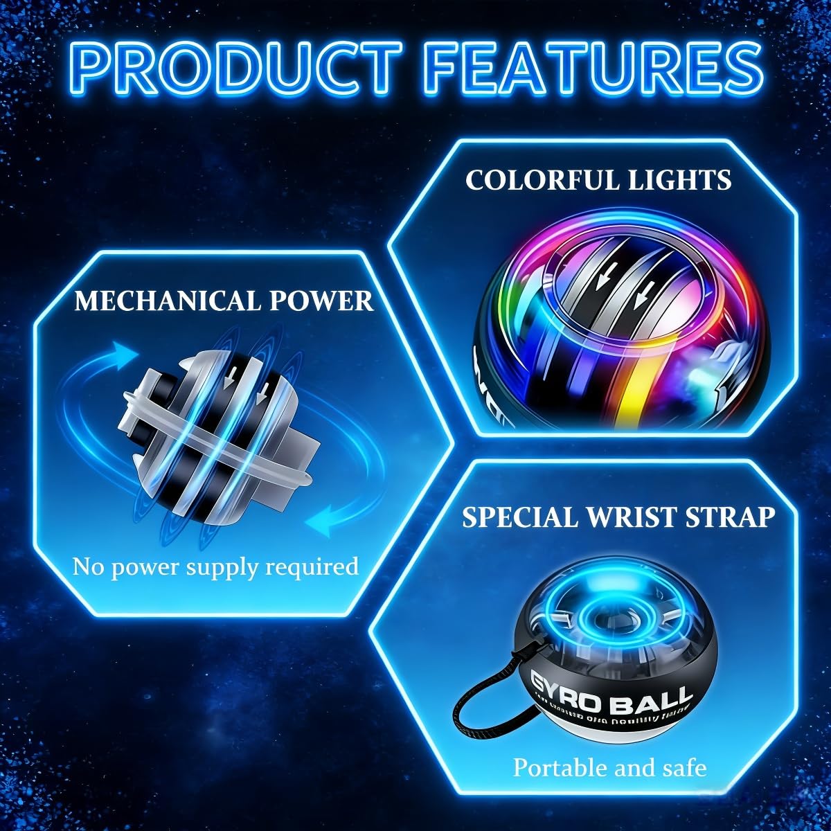 Gyro Power Wrist Ball - Forearm Trainer for Grip Strength & Muscle Recovery, Strengthen Wrist, Arm, Finger Muscles with Dynamic LED Lighting, Manual Workout Ball for Hand Fitness & Exercise.