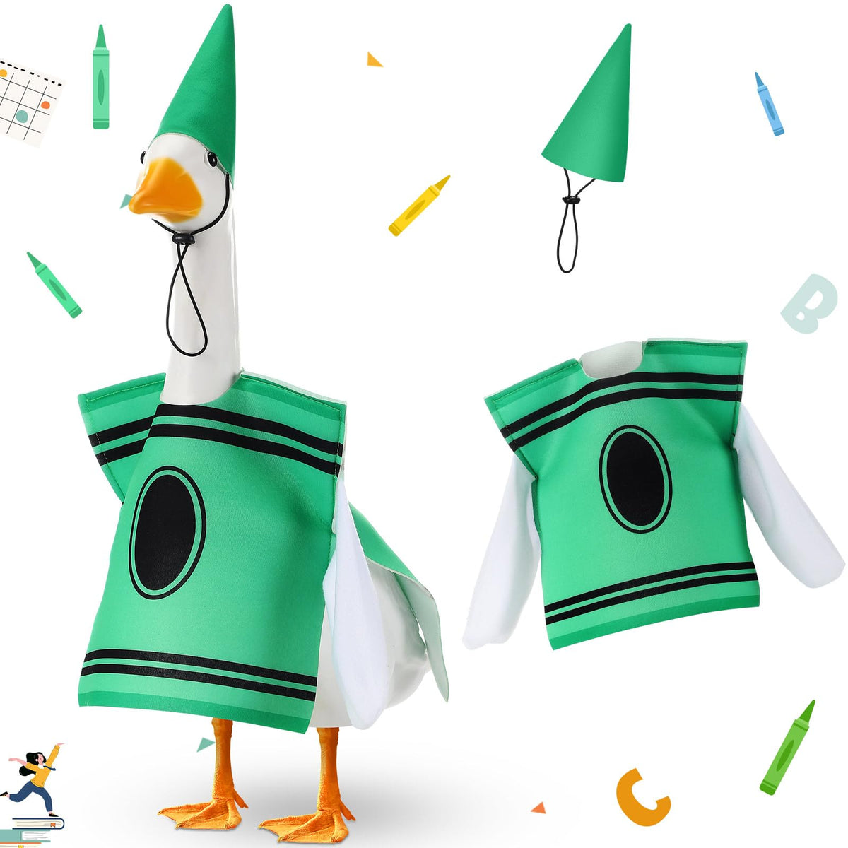 Geyoga Back to School Porch Goose Outfit 23" Classroom Goose Clothes Lawn School Garden Patio Yard Outdoor Decorations(Green,Crayon)