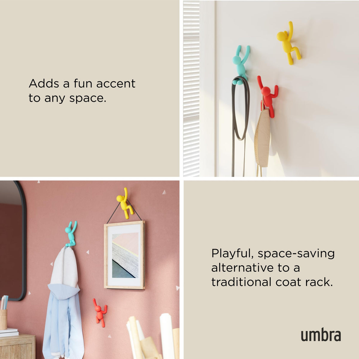 Umbra Buddy Wall Hooks – Decorative Wall Mounted Coat Hooks for Hanging Coats, Scarves, Bags, Purses, Backpacks, Towels and More, Set of 3, Red/Blue/Yellow