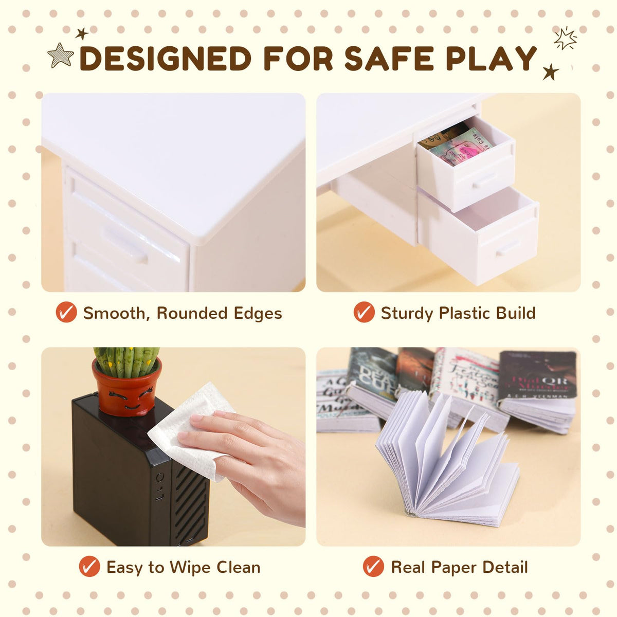 1:12 Scale Mini Desk Set with 100 Mini Books & 2 Bookshelves — Miniature Dollhouse Furniture Set with Office Chair, Computer & 15+ Accessories — Mini Desk Accessories for Doll House Diorama