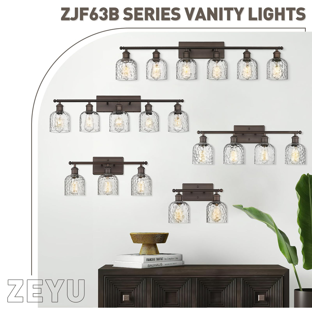 zeyu 35 Inch Farmhouse Bathroom Vanity Light Fixture, 5-Light, Oil Rubbed Bronze Finish, Clear Hammered Glass, Model ZJF63B-5W ORB