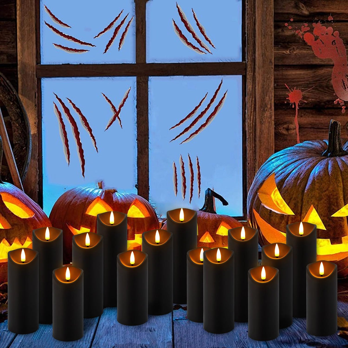 YOROXRG 24 Pack Halloween Decoration Flickering Flameless Candles, Battery Operated LED Pillar Candles with Remote Control and Timer.for Home Decor (D2.2 xH 5" 6" 7" Black)