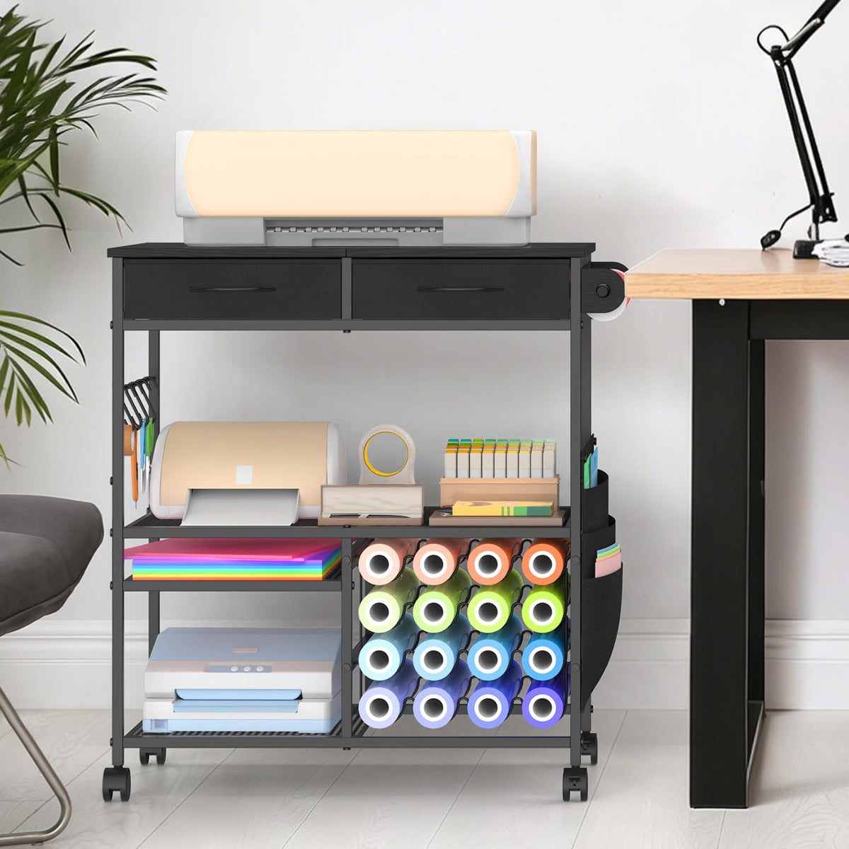 VEOSIR Craft Cart with Vinyl Roll Holder, Organizer & Storage Table for Cricut Machine with Drawer,Mobile Craft Organization and Storage Cart,Crafting Table Accessories Holder for Craft Room Black