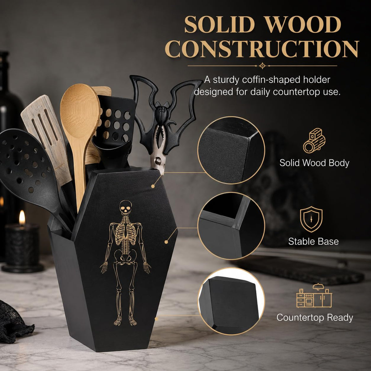 TOSOENPHY Halloween Gothic Kitchen Decor - Goth Coffin Utensil Holder (Utensils Not Included), Dual-Sided Laser-Etched Skeleton, Solid Wood Large Capacity for Spooky Bats Spoons Skull Spatulas