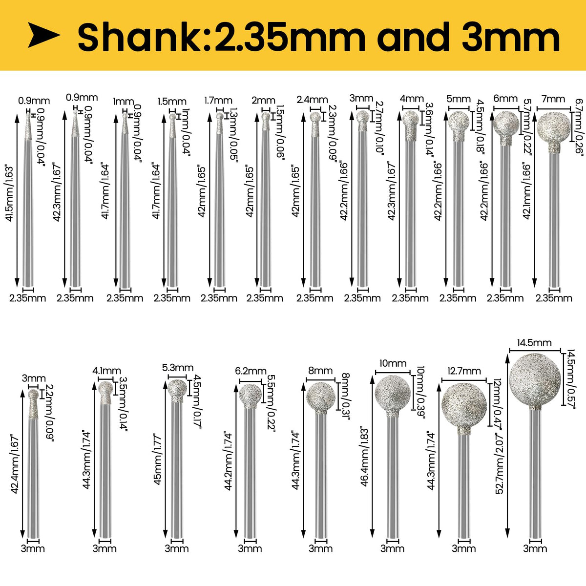Stone Carving Set Diamond Burr Bits Compatible with Dremel, 20PCS Polishing Kits Rotary Tools Accessories with 2.35mm 3mm Shank Round Shape for Carving, Engraving, Grinding, Stone, Rocks, Jewelry