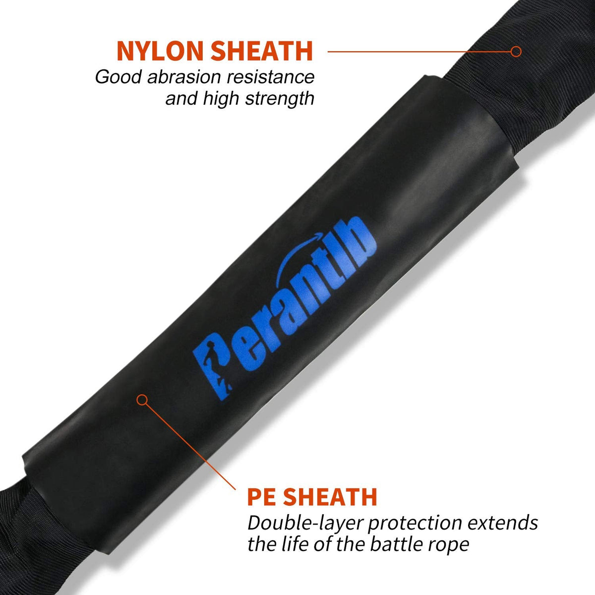 Perantlb 100% Poly Dacron Heavy Battle Rope - 1.5", 30' 40' 50' Lengths - Upgraded Durable Protective Sleeve - Gym Muscle Toning Metabolic Workout Fitness - Anchor Strap Kit Included (1.5" x 40 ft)