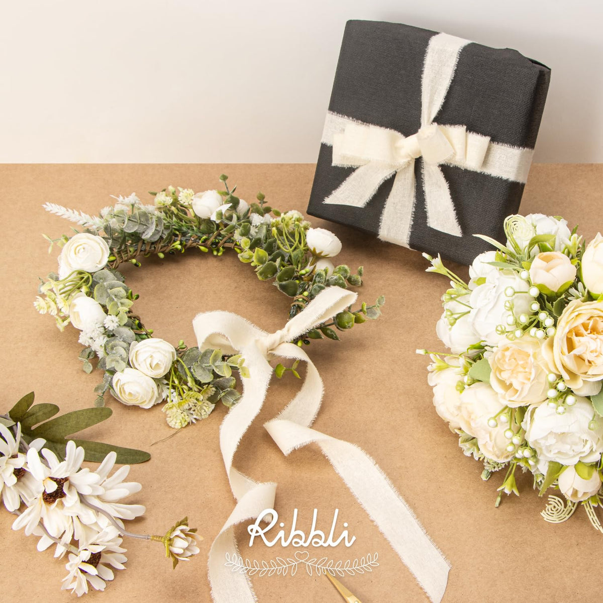 Ribbli 3 Rolls Ivory Ribbon 1 Inch x 18 Yards Cream White Handmade Cotton Frayed Fringe Ribbons for Wrapping Wedding Invites Bridal Bouquets Baby Shower DIY Crafts Home Decor