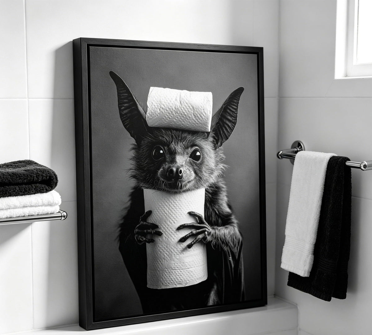 Funny Bat Bathroom Framed Wall Art, Black and White Cute Bat with Toilet Paper Wall Decor, Humorous Animal Bathroom Canvas Print for Restroom, Powder Room, Toilet, Home Decoration 8x10 Inch