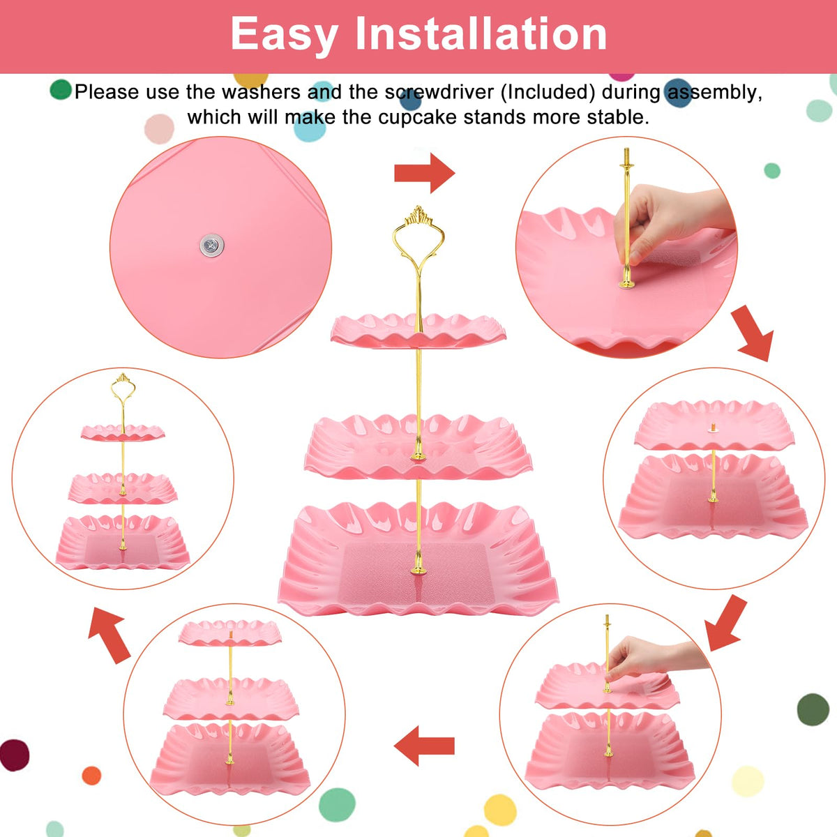 Coitak 8 Pieces Cupcake Stand Set, 2 PCS 3 Tier Cupcake Stands with 3 PCS Appetizer Trays, 3 PCS Serving Tongs, Dessert Tower Tray for Tea Party (Pink)