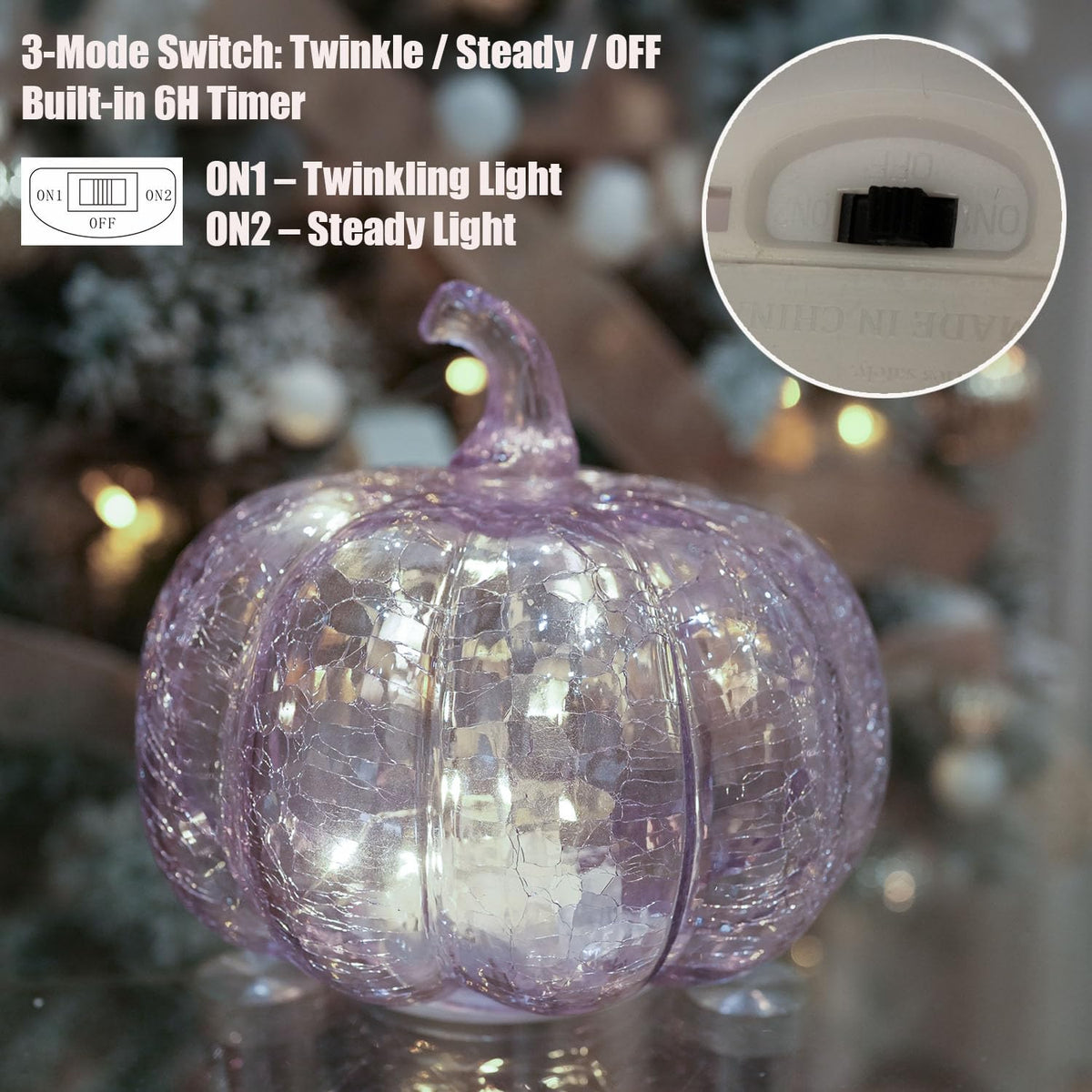 hvfun Handcrafted Lavender Crackle Glass Pumpkin Light, LED Battery Operated Table Décor with 6H Timer, Twinkle & Steady Modes, Elegant Fall & Holiday Decoration