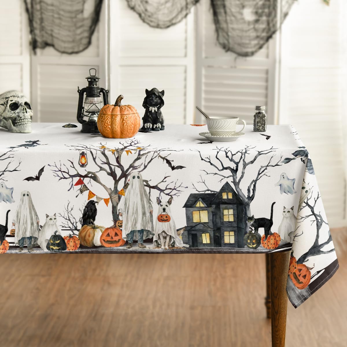 Horaldaily Halloween Tablecloth 60×60 Inch Square, Jack-O-Lantern Pumpkin Cobweb Ghost Dog Washable Table Cover for Party Picnic Dinner Decor