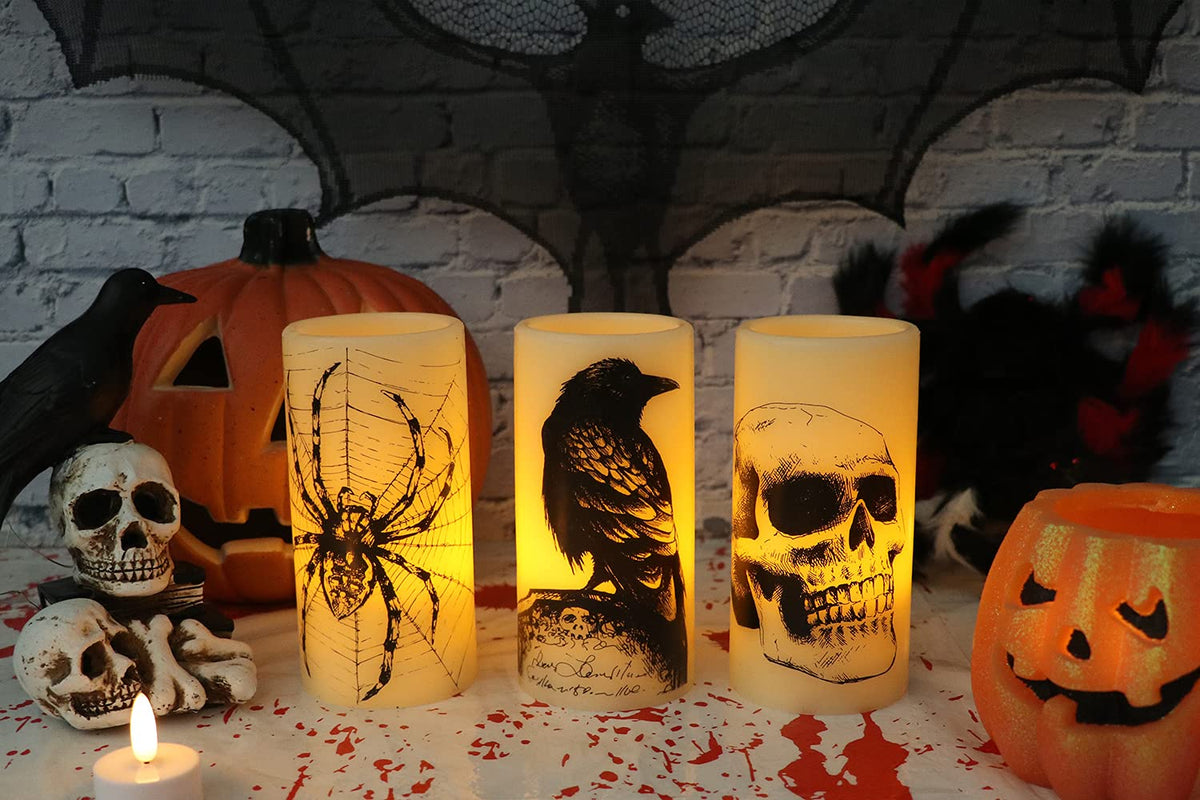 Eldnacele Halloween LED Flameless Flickering Candles Battery Operated with 6H Timer Skull Spider Web Crow Raven Spooky Decals Halloween Themed Indoor Decoration(3 Pack, D3 x H6)