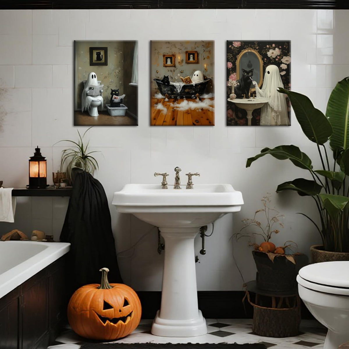Halloween Ghost Bathroom Canvas Wall Art Set of 3, Funny Horror Ghost and Cute Black Cat in Bathtub Pictures Wall Decor, Gothic Dark Academia Paintings Prints for Toilet Dorm 16x24 inch Framed