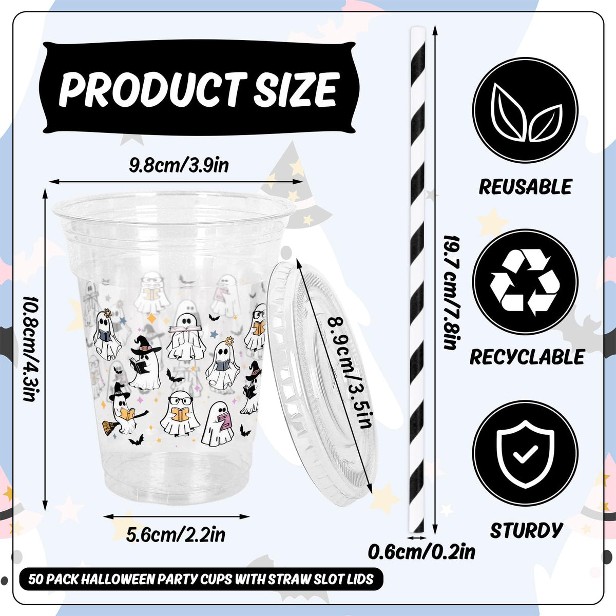 Whaline 50 Pcs Halloween Disposable Plastic Cups with Lids and Straws Spooky Reading Book Ghost Theme Cold Beverage Drinking Cups for Trick or Treat Birthday Party Supplies