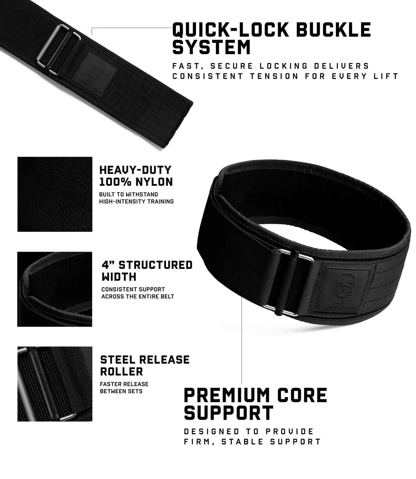 Gymreapers Quick Locking Weight Lifting Belt for Men Gym Belt for Powerlifting Deadlift Belt with 4 Inch Neoprene Metal Buckle Back Support Weightlifting Belt Women (Black/Black, Large)