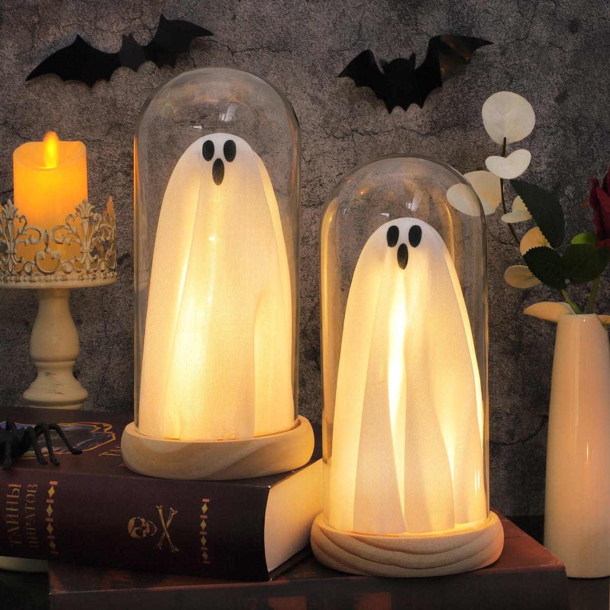 Halloween Decorations Indoor, Light Up Ghosts in Glass Domes with Wood Base, Cute Halloween Decor for Table, Fireplace, Bookshelf – Spooky Halloween Decor Kit (2 Pack)