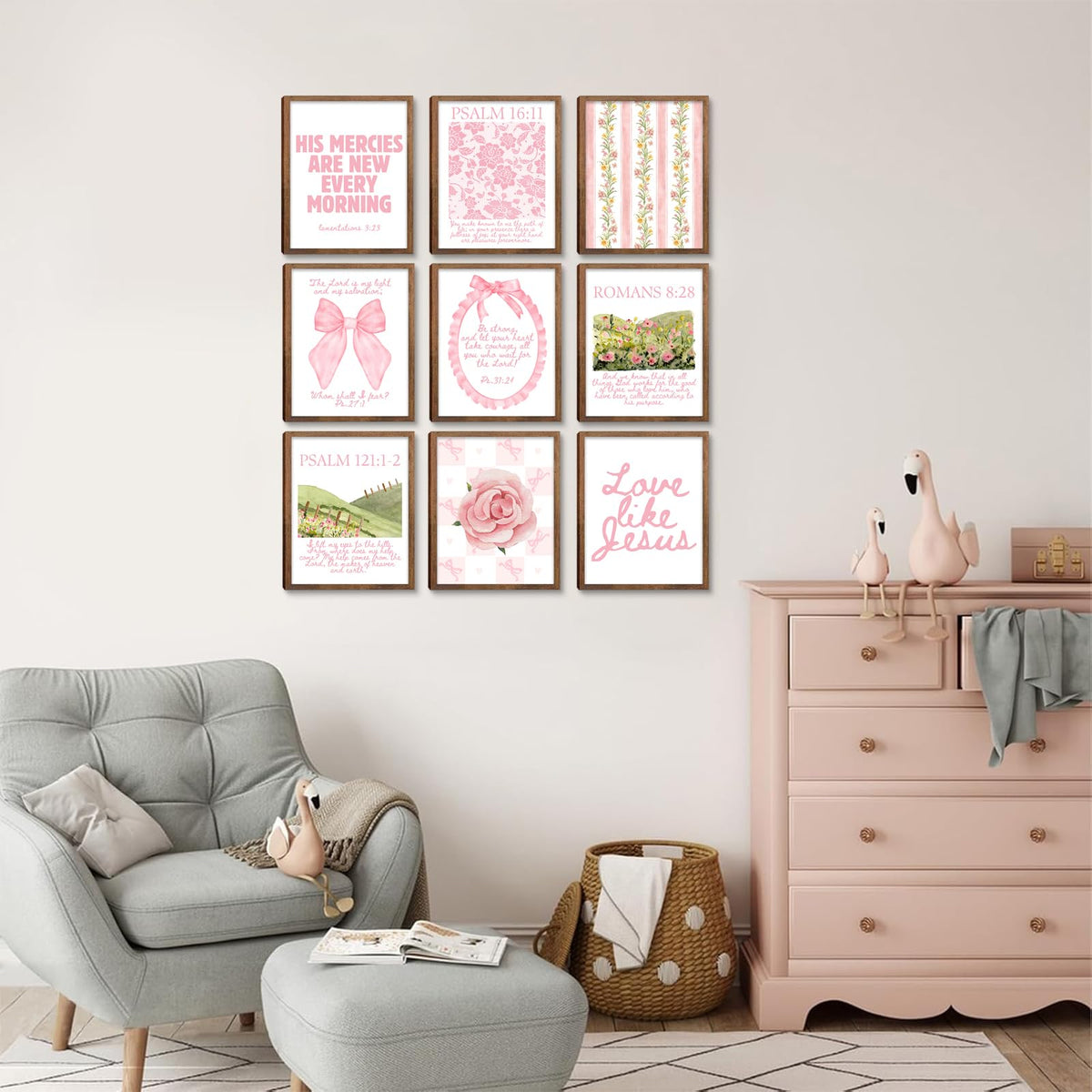 Christian Wall Art Pink Bible Verse Canvas Posters Coquette Bow Room Wall Decor Jesus Scripture Pictures Trendy Preppy Christian Floral Aesthetic Prints for Girls Bedroom 8x10xInch Set of 9 Unframed