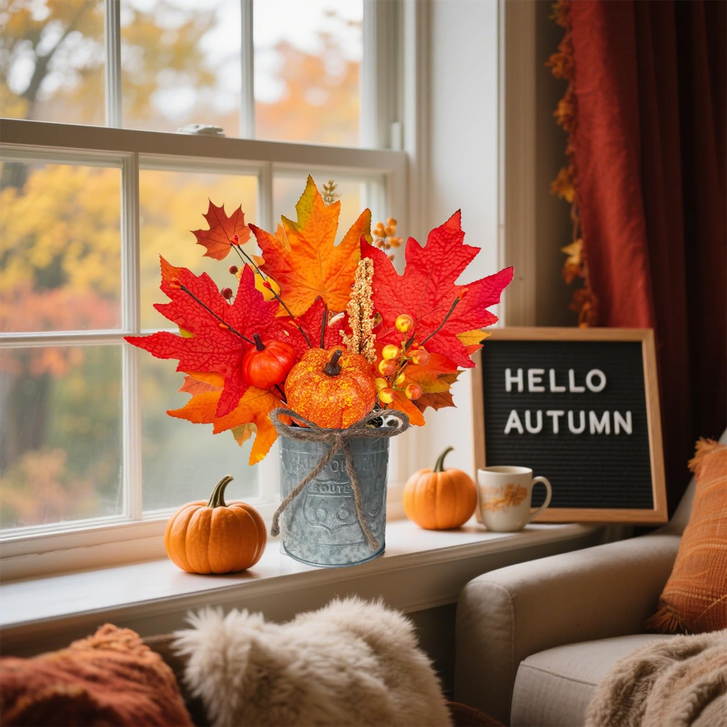 2 Pack 12" Fall Decorations for Home Fall Table Centerpieces Fall Arrangements Maples Leave Pumpkin Berried Wheat Realistic Moss in Metal Pots Thanksgiving Decorations for Home Kitchen Table Farmhouse