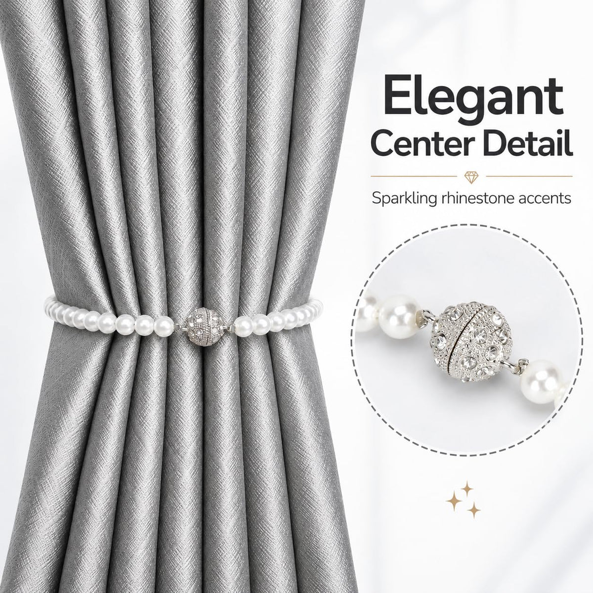 Pearl Bow Magnetic Curtain Tiebacks 2 Pack, No Drill Curtain Holdbacks with Strong Magnets, Decorative Pearl Curtain Holders for Living Room Bedroom Home Decor