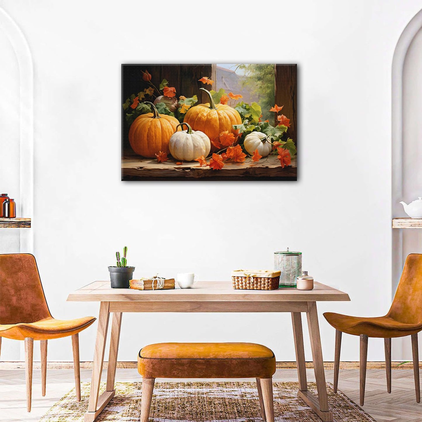 Pumpkin Canvas Wall Art Fall Pictures Maple Leaf Autumn Thanksgiving Wall Decor Rustic Halloween Themed Wall Framed Prints Modern Artwork for Living Room Kitchen Bedroom Dinner Home Decorations 24x36”