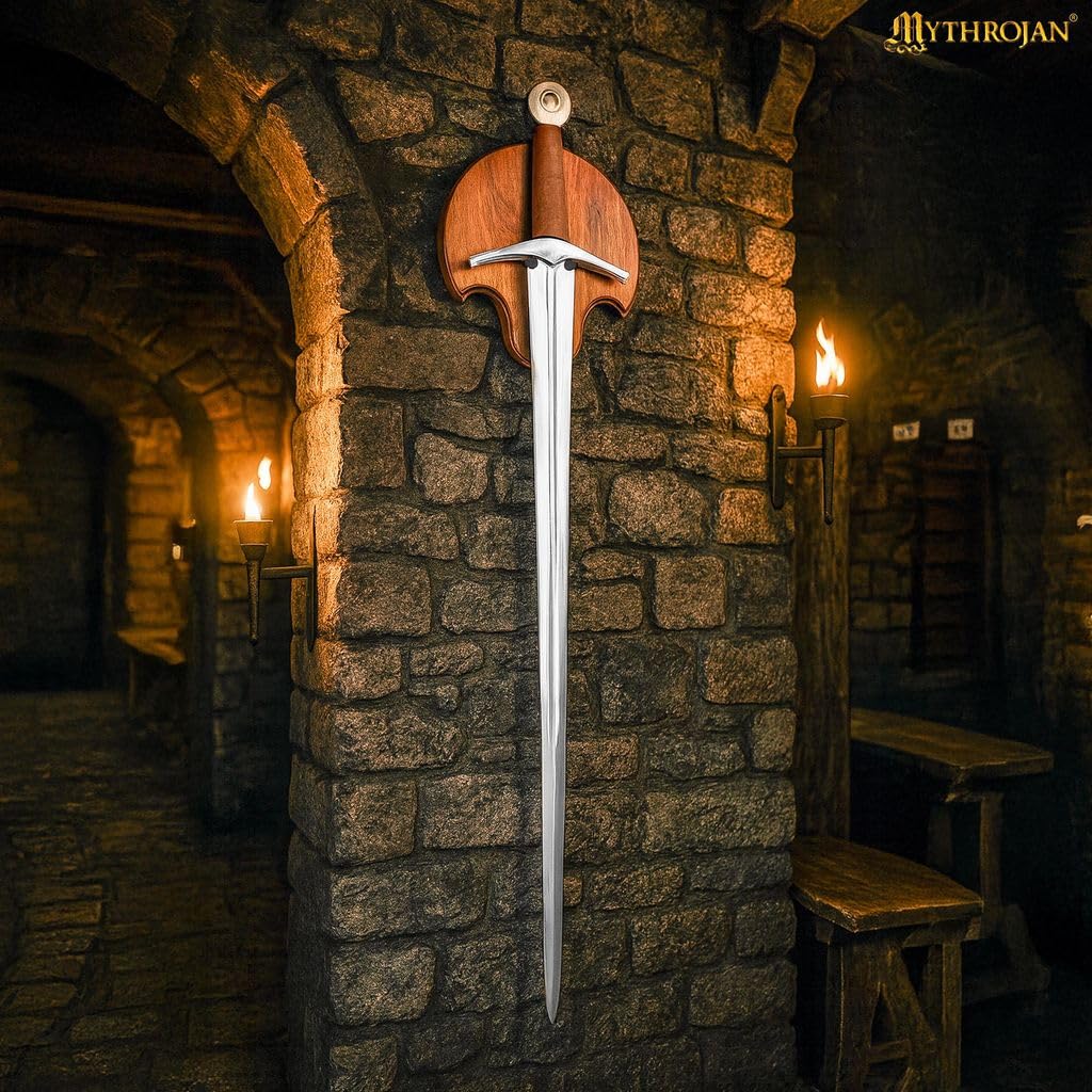 Medieval Sword Wall Display Plaque with Adjustable Steel Hanger– 10 × 9 in Acacia Hardwood Wall Rack for Medieval, Fantasy & Decorative Swords