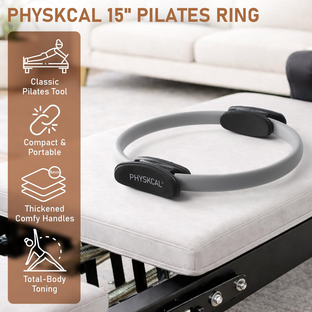 PhysKcal Pilates Ring, 15-Inch Magic Circle with Extra Thick Padded Handles, Pilates Equipment for Toning Inner Thighs, Arms and Strengthening Cores- Workout Guide Included (Mist)